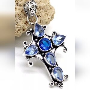 925 Sterling Silver Blue Apatite Gemstone Handmade Jewelry Cross Pendant